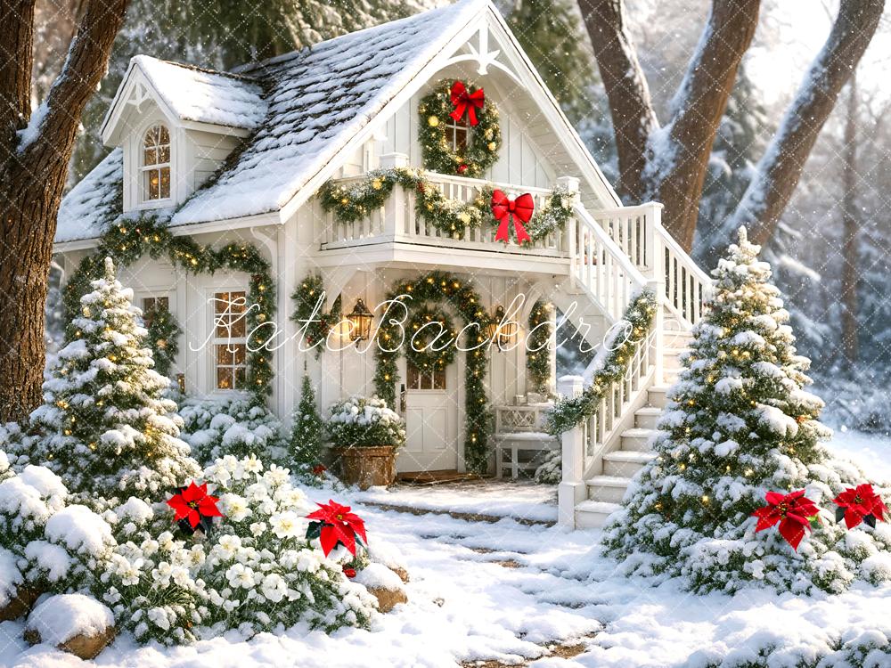Kate Noël Maison Hiver Neige Arbres Toile de fond conçue par Mini MakeBelieve - Kate Backdrop FR