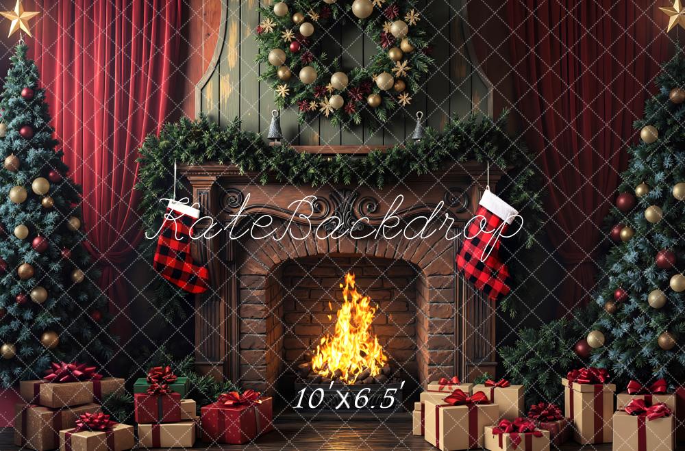 Kate Noël Vintage Cheminée Sapin Cadeaux Toile de fond conçue par Mini MakeBelieve - Kate Backdrop FR