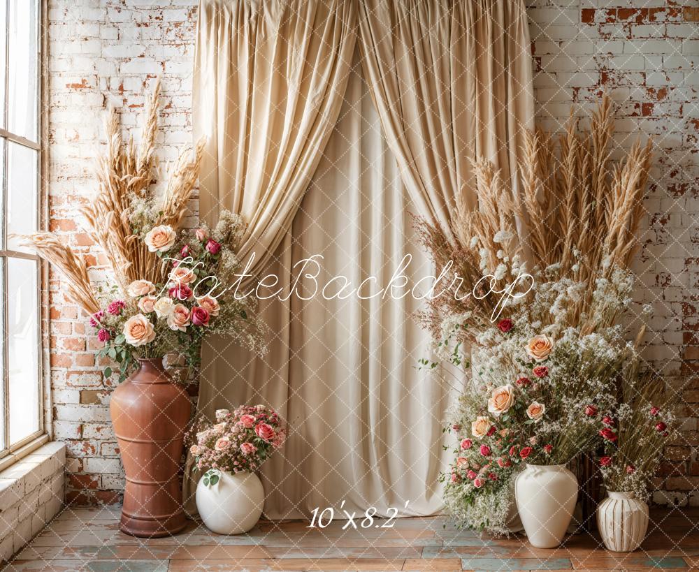 Kate Bohème Beige Rideau Fleurs Brique Toile de fond conçue par Emetselch