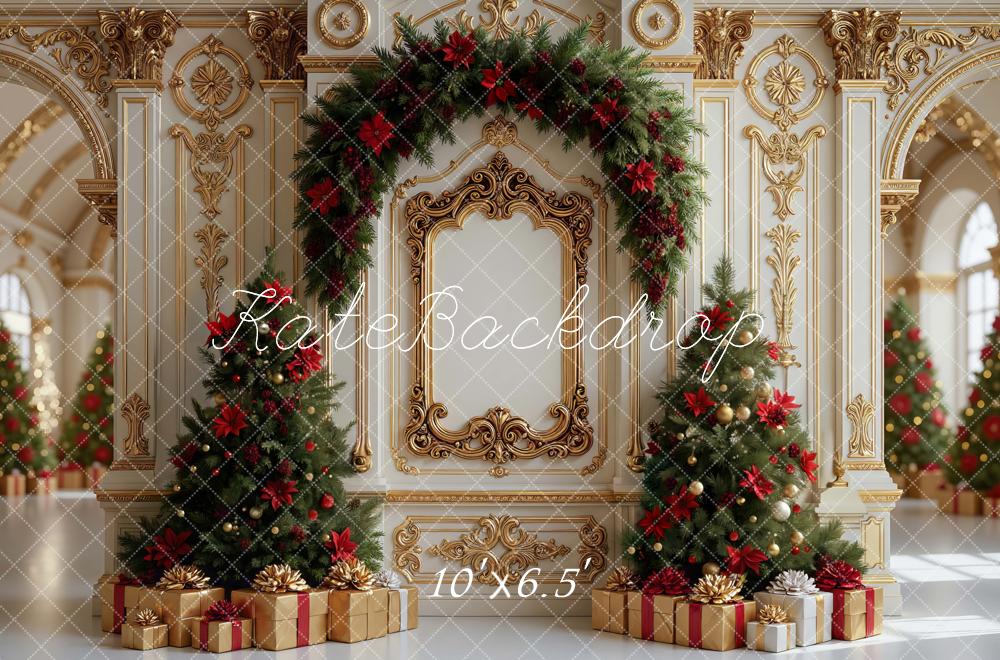 Kate Noël Chambre Sapins Cadeaux Doré Toile de fond conçue par Mini MakeBelieve