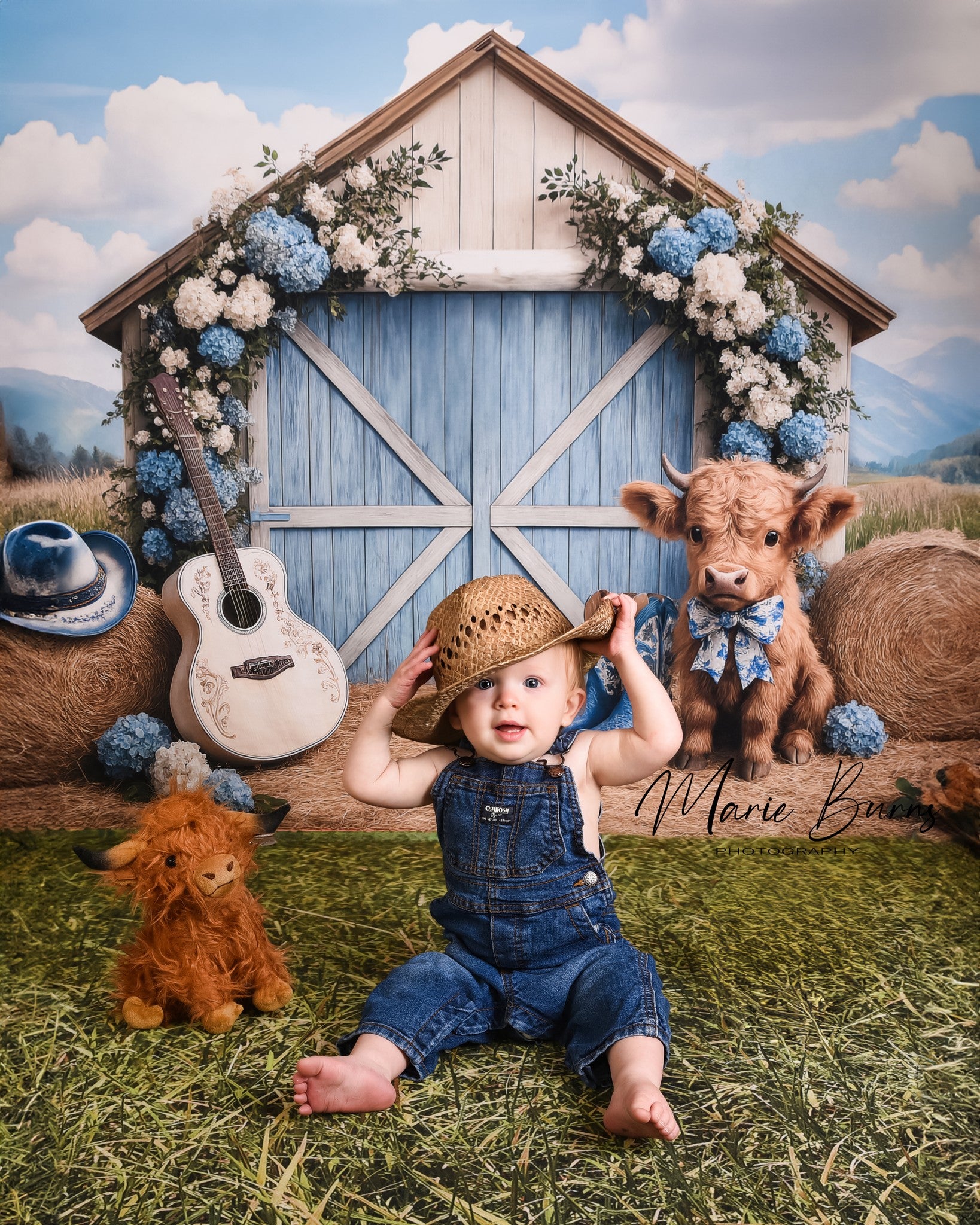 Kate Campagne Grange Vache Guitare Toile de fond conçu par Ashley Paul - Kate Backdrop FR