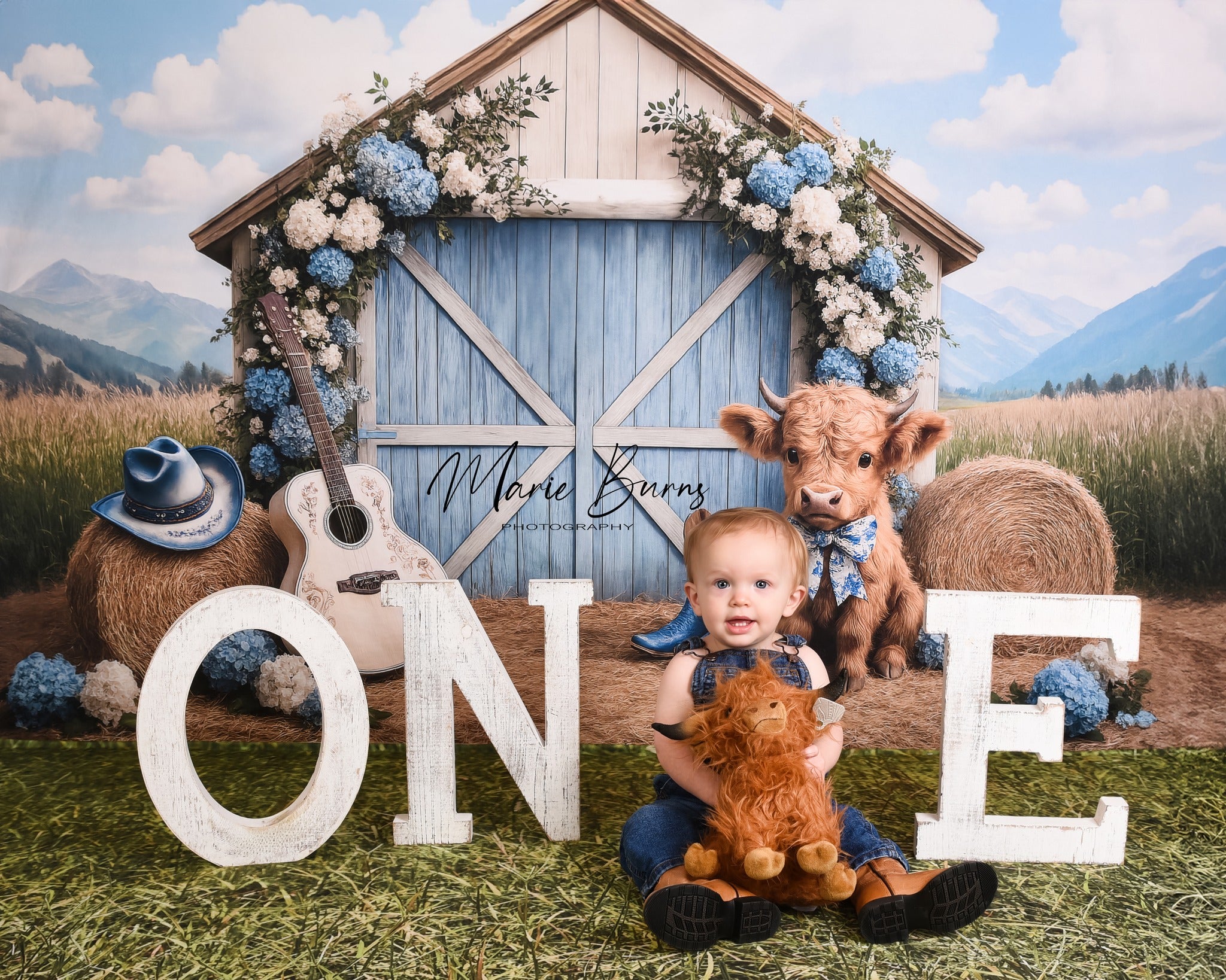 Kate Campagne Grange Vache Guitare Toile de fond conçu par Ashley Paul - Kate Backdrop FR
