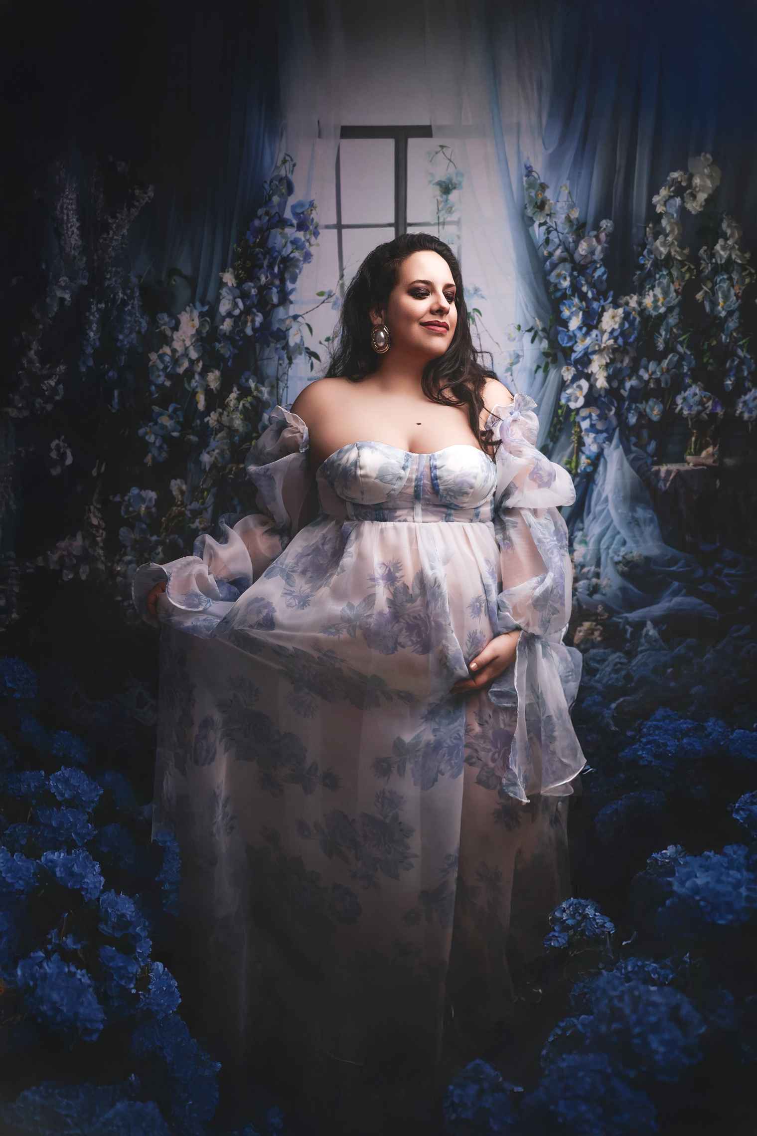 Kate Bleu Fleurs Rideau Fenêtre Chambre Toile de fond en Laine conçue par Emetselch - Kate Backdrop FR