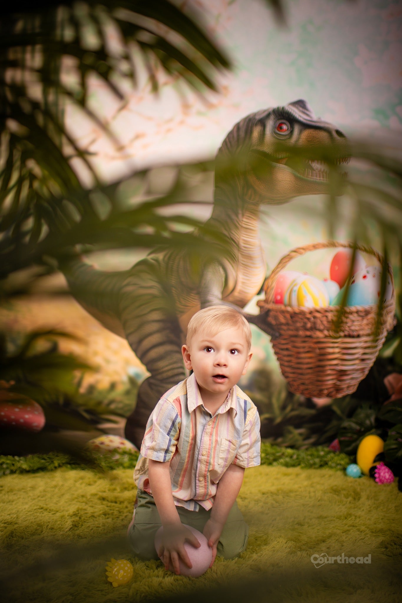 Kate Tyrannosaure Pâques Oeufs colorés Toile de fond conçue par Patty Roberts - Kate Backdrop FR