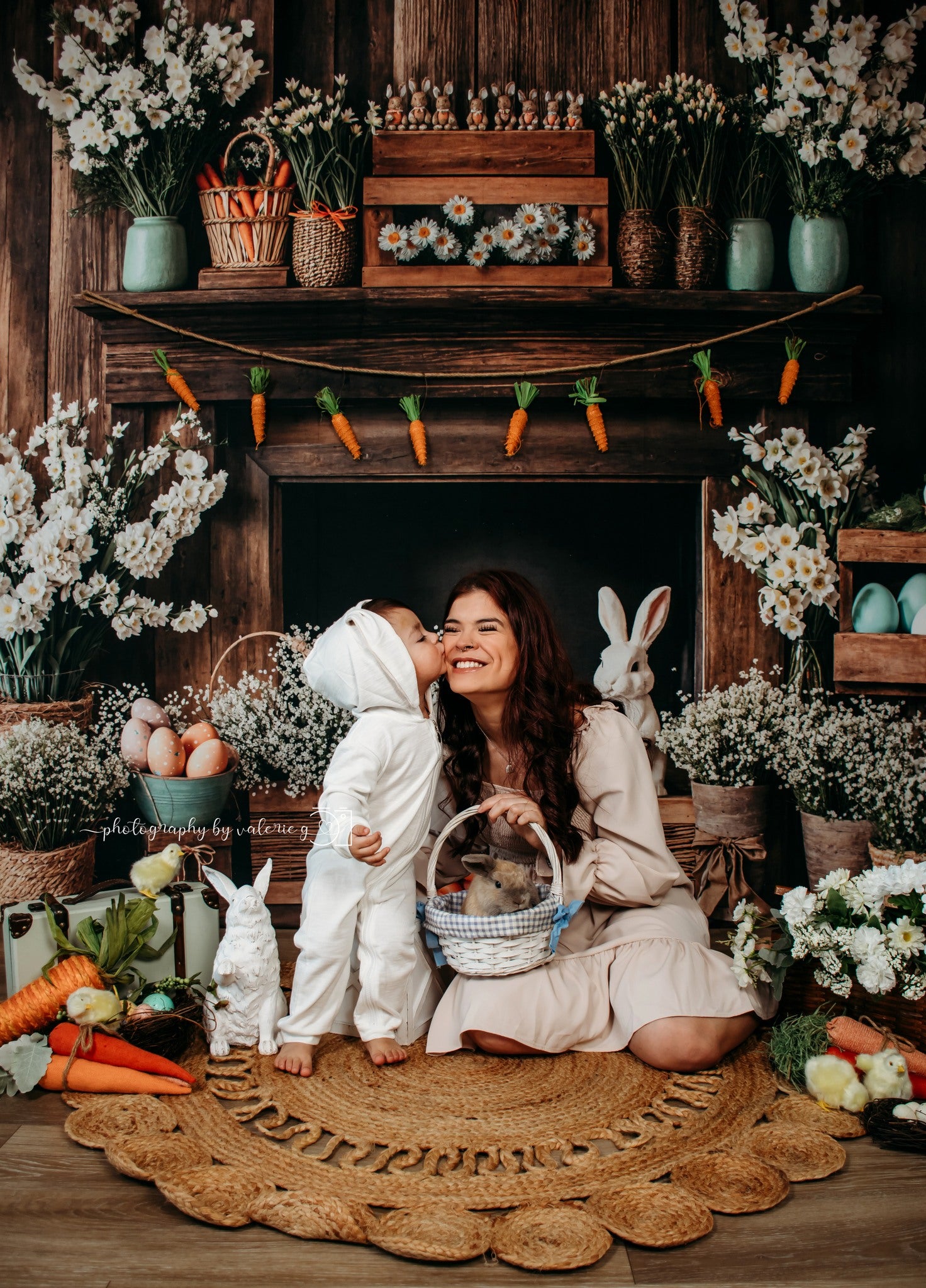 Kate Pâques Cheminée Lapin Rustique Floral Toile de fond conçue par Emetselch - Kate Backdrop FR