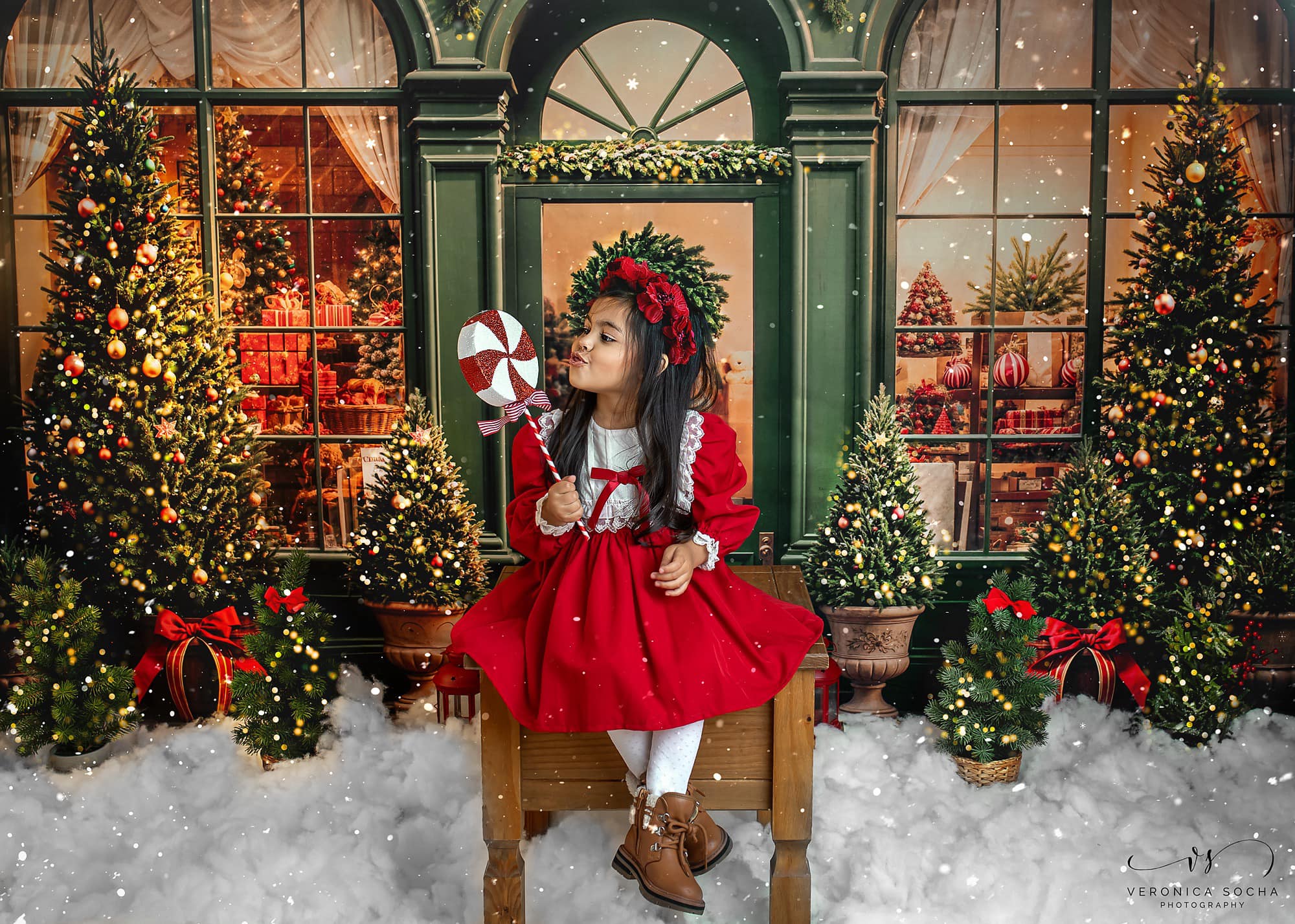 Kate Rétro Vert foncé Noël Boutique de cadeaux Toile de fond conçue par Emetselch - Kate Backdrop FR