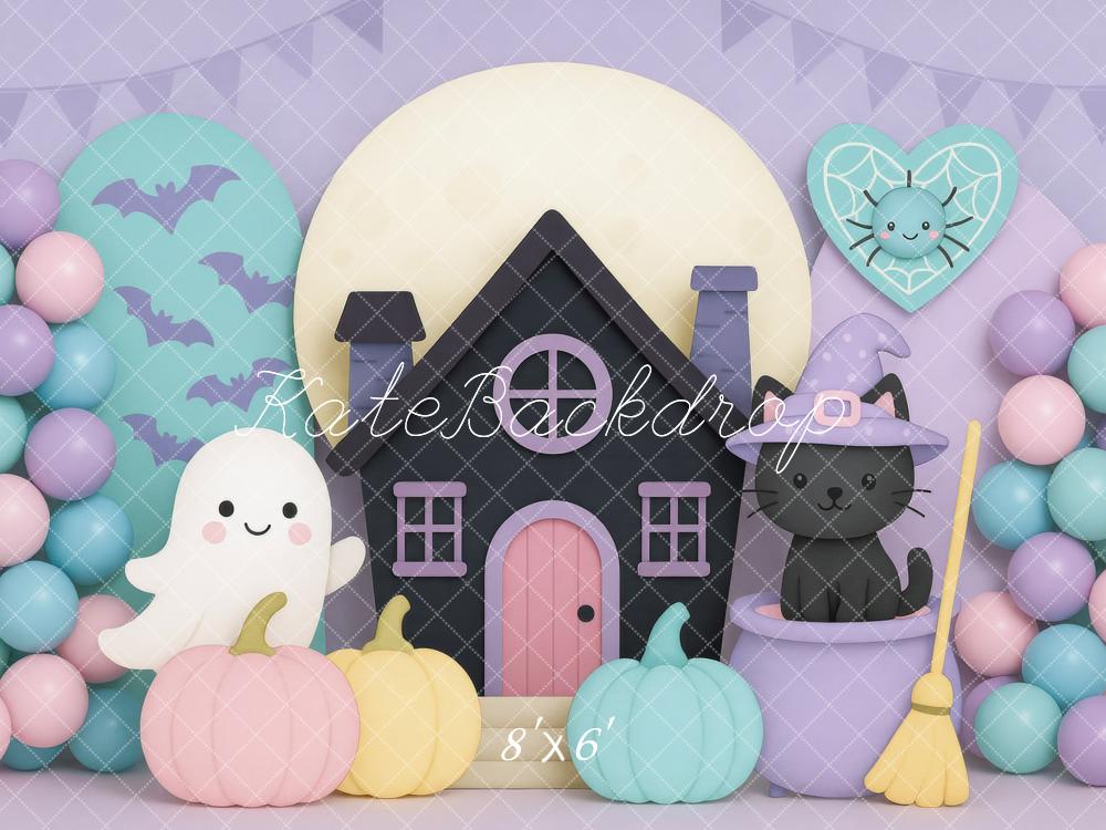 Kate Halloween Maison Chat Fantôme Ballons Toile de fond conçue par Mini MakeBelieve - Kate Backdrop FR