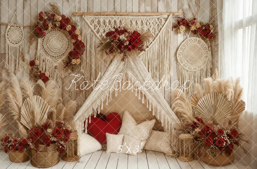Kate Bohème Tente Macramé Fleurs Rouges Toile de fond conçue par Emetselch - Kate Backdrop FR