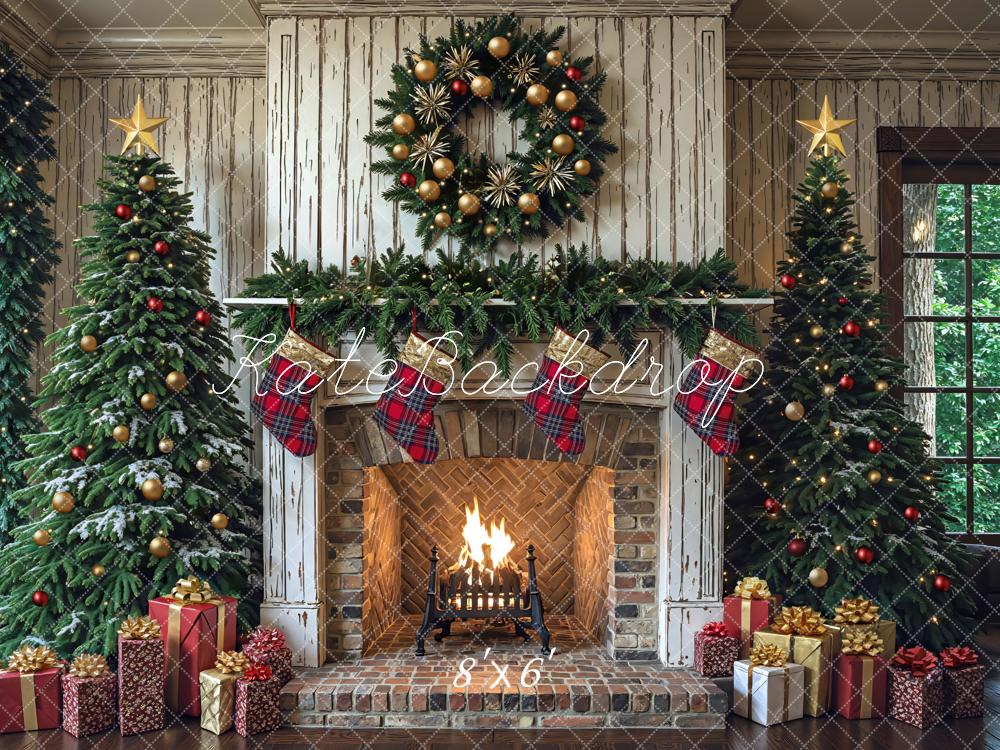 Kate Noël Cheminée Sapins Guirlande Toile de fond conçue par Mini MakeBelieve - Kate Backdrop FR
