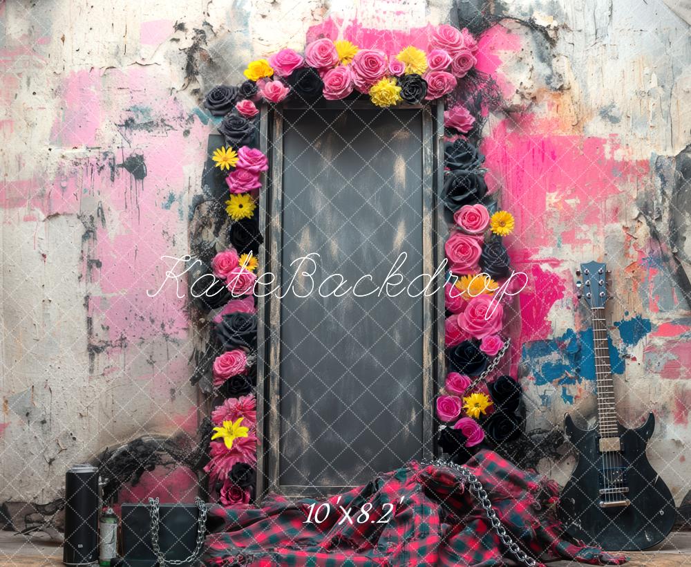 Kate Graffiti Cadre Fleurs Guitare Toile de fond conçue par Mini MakeBelieve - Kate Backdrop FR