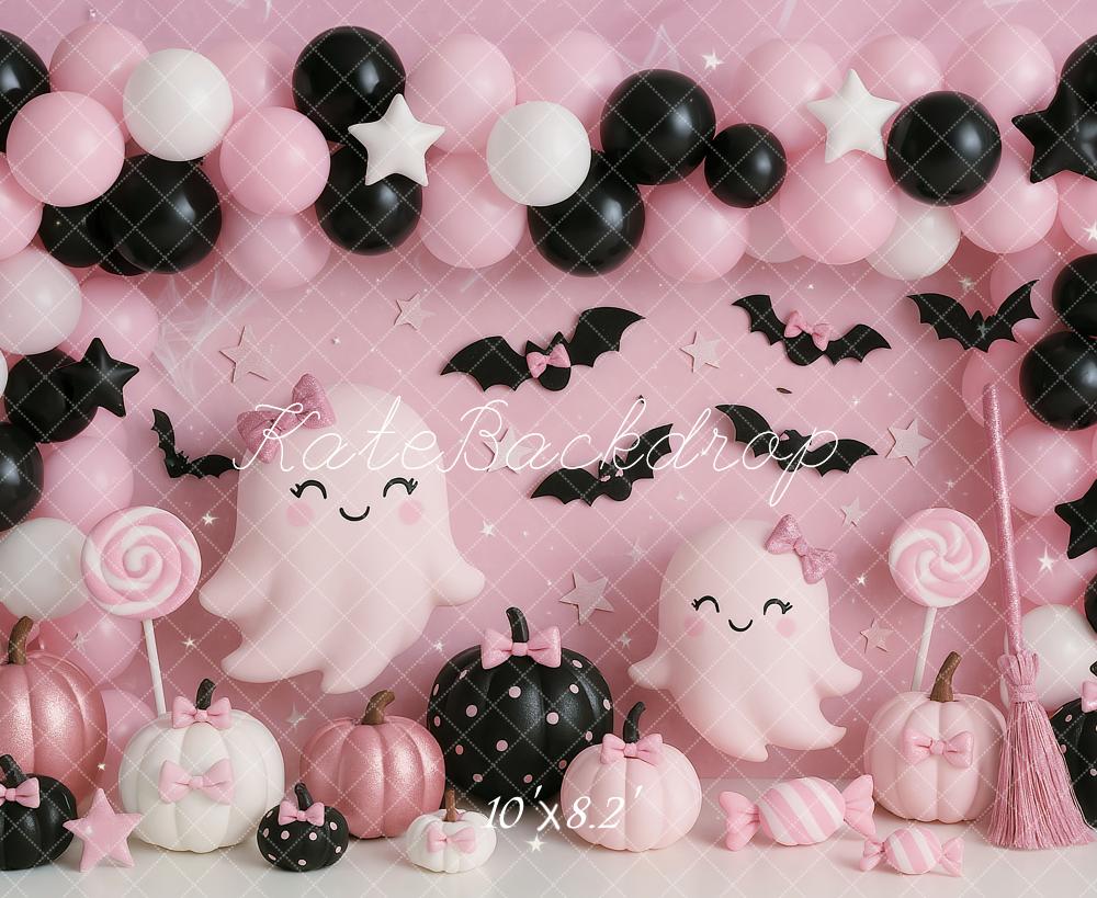 Kate Halloween Fantômes Ballons Bonbon Rose Toile de fond conçue par Ashley Paul - Kate Backdrop FR