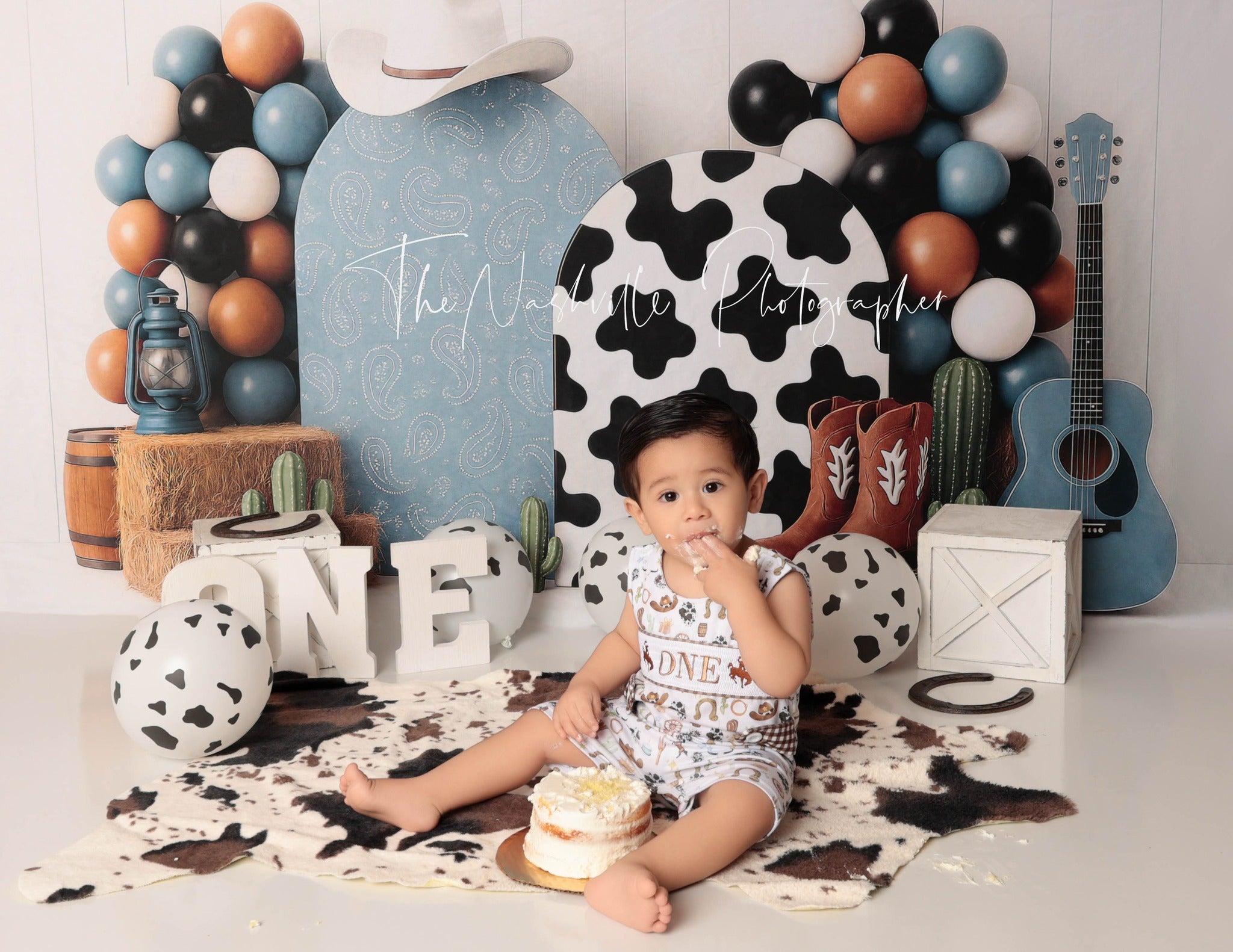 Kate Anniversaire Cow-boy Bottes Ballons Bleu Toile de fond conçu par Ashley Paul - Kate Backdrop FR