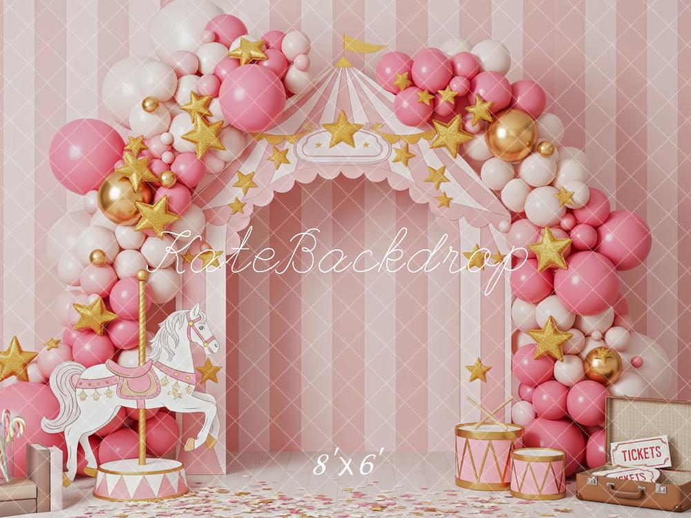 Kate Cirque Carrousel Ballons Rose Toile de fond conçue par Patty Roberts - Kate Backdrop FR
