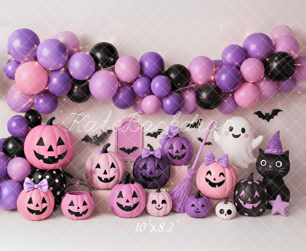 Kate Halloween Citrouilles Ballons Violet Toile de fond conçue par Ashley Paul - Kate Backdrop FR