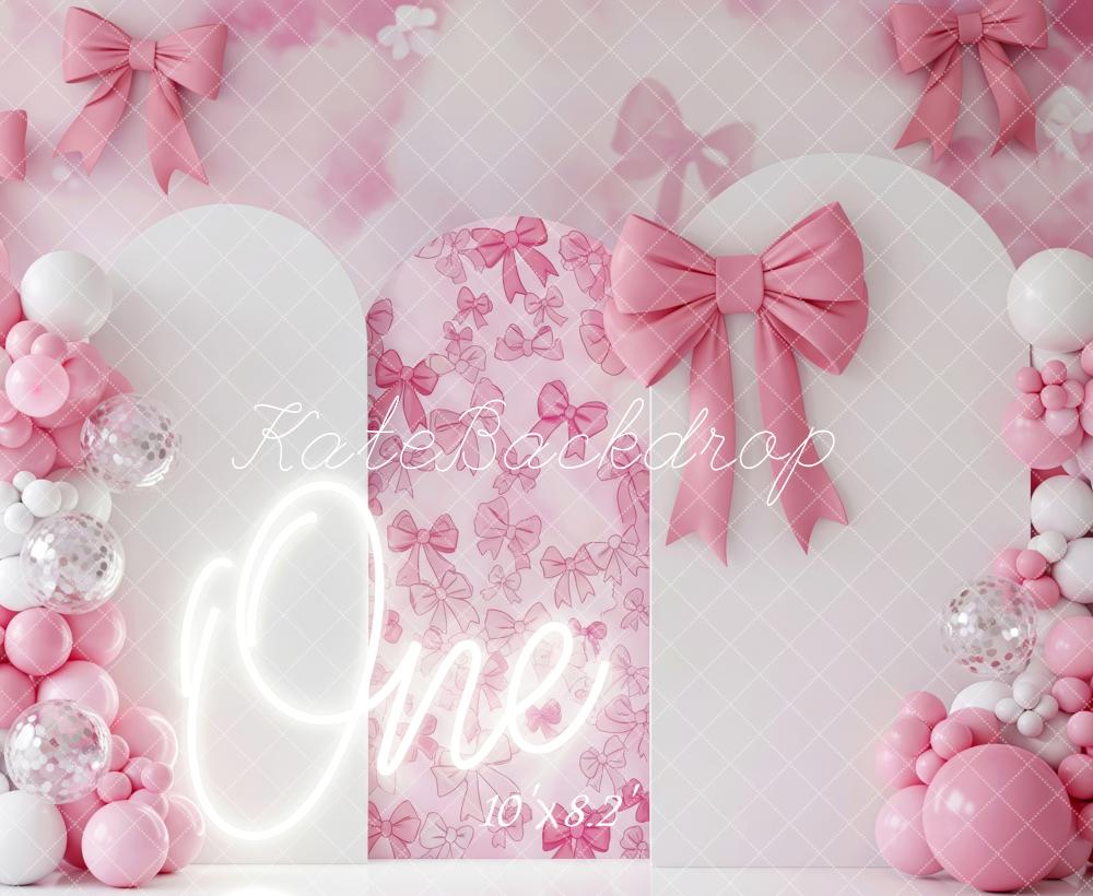 Kate Anniversaire Arc Nœuds Ballons Rose Toile de fond conçue par Patty Roberts - Kate Backdrop FR