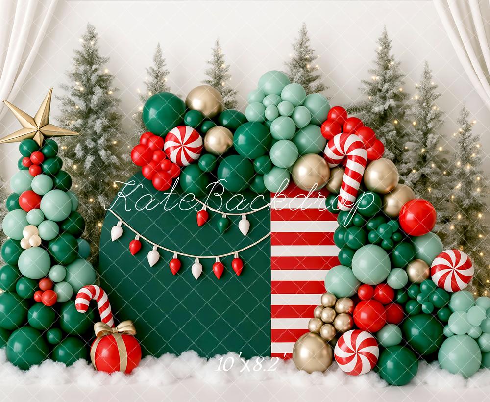 Kate Noël Ballons Sapin Rayures Toile de fond conçue par Mini MakeBelieve - Kate Backdrop FR