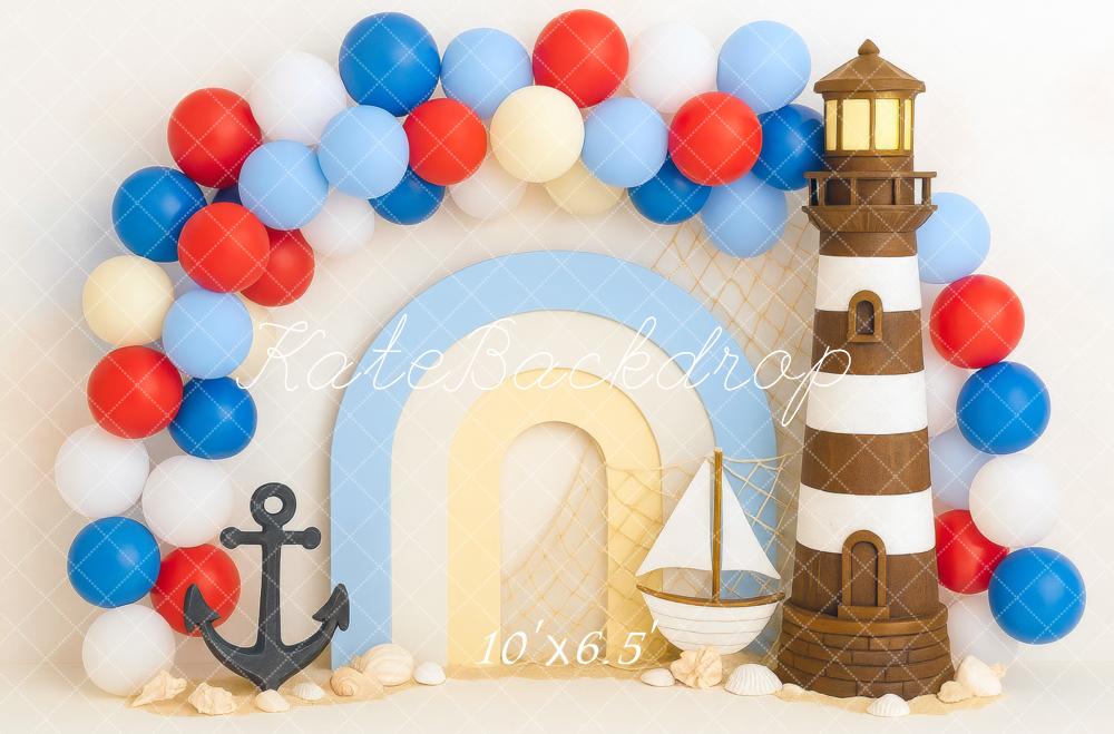 Kate Anniversaire Marin Phare Bateau Ballons Toile de fond conçue par Mini MakeBelieve