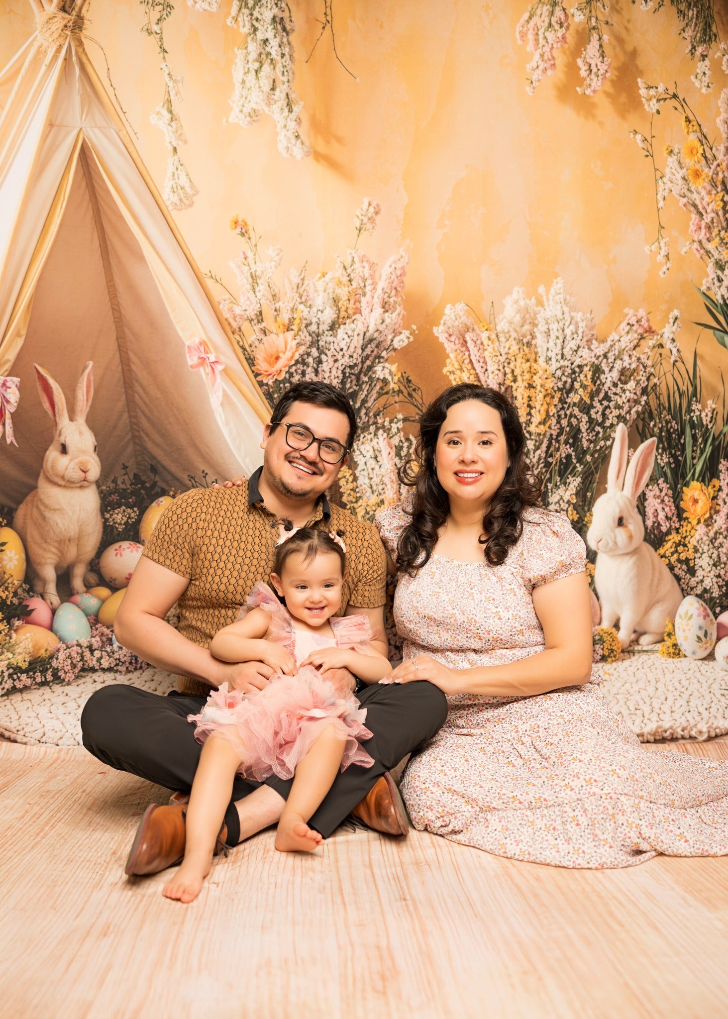 Kate Pâques Lapin Tente Œufs Fleurs Toile de fond+Naturel Texture Bois Beige Sol Toile de fond - Kate Backdrop FR