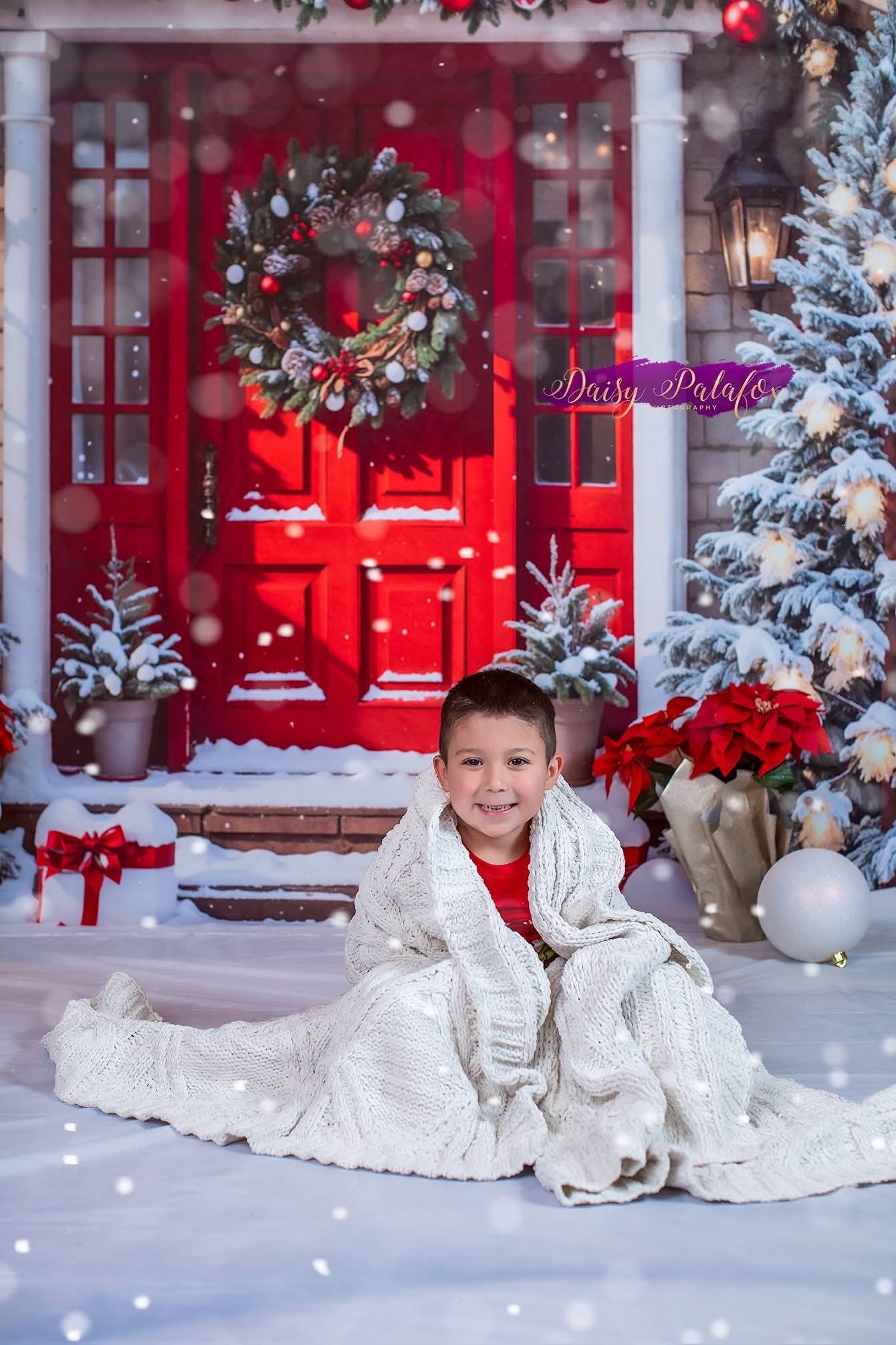 Kate Noël Porte Mur de briques Neige Maison Toile de fond conçue par Emetselch - Kate Backdrop FR