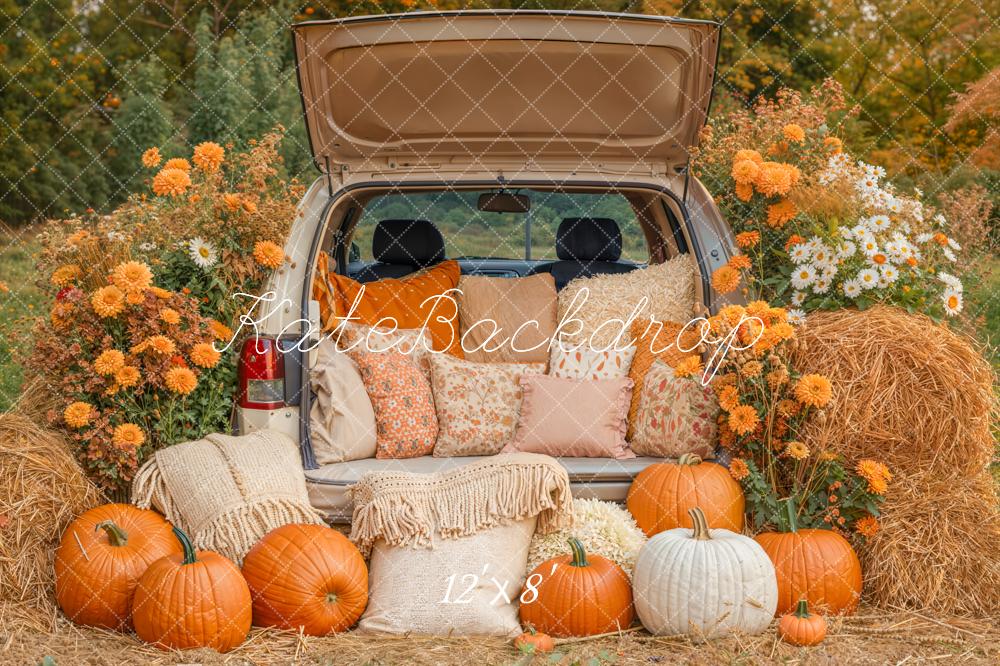 Kate Automne Citrouilles Voiture Foin Toile de fond en Laine conçue par Emetselch - Kate Backdrop FR