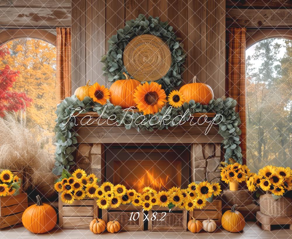 Kate Automne Cheminée Citrouilles Tournesols Toile de fond conçue par Mini MakeBelieve - Kate Backdrop FR