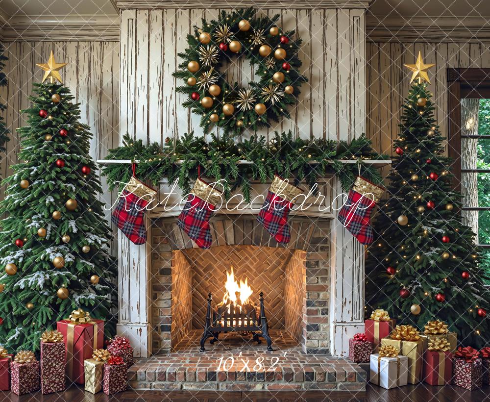Kate Noël Cheminée Sapins Guirlande Toile de fond conçue par Mini MakeBelieve - Kate Backdrop FR