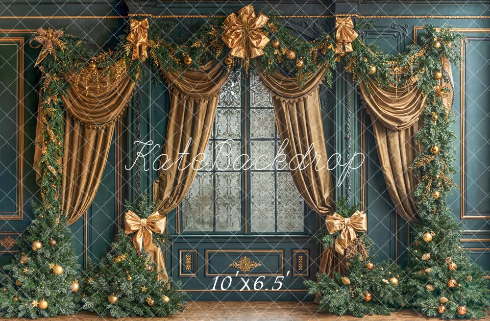 Kate Noël Fenêtre Sapins Guirlandes Or Toile de fond conçue par Emetselch - Kate Backdrop FR