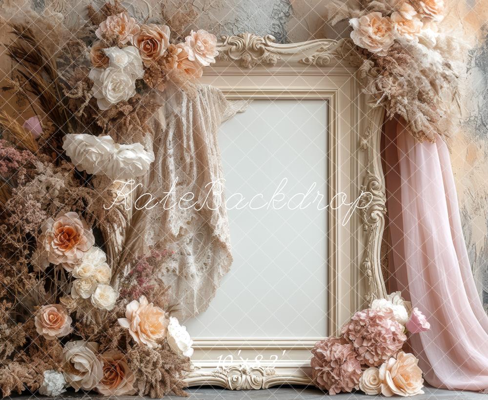 Kate Floral Cadre Vintage Beige Toile de fond conçue par Mini MakeBelieve - Kate Backdrop FR