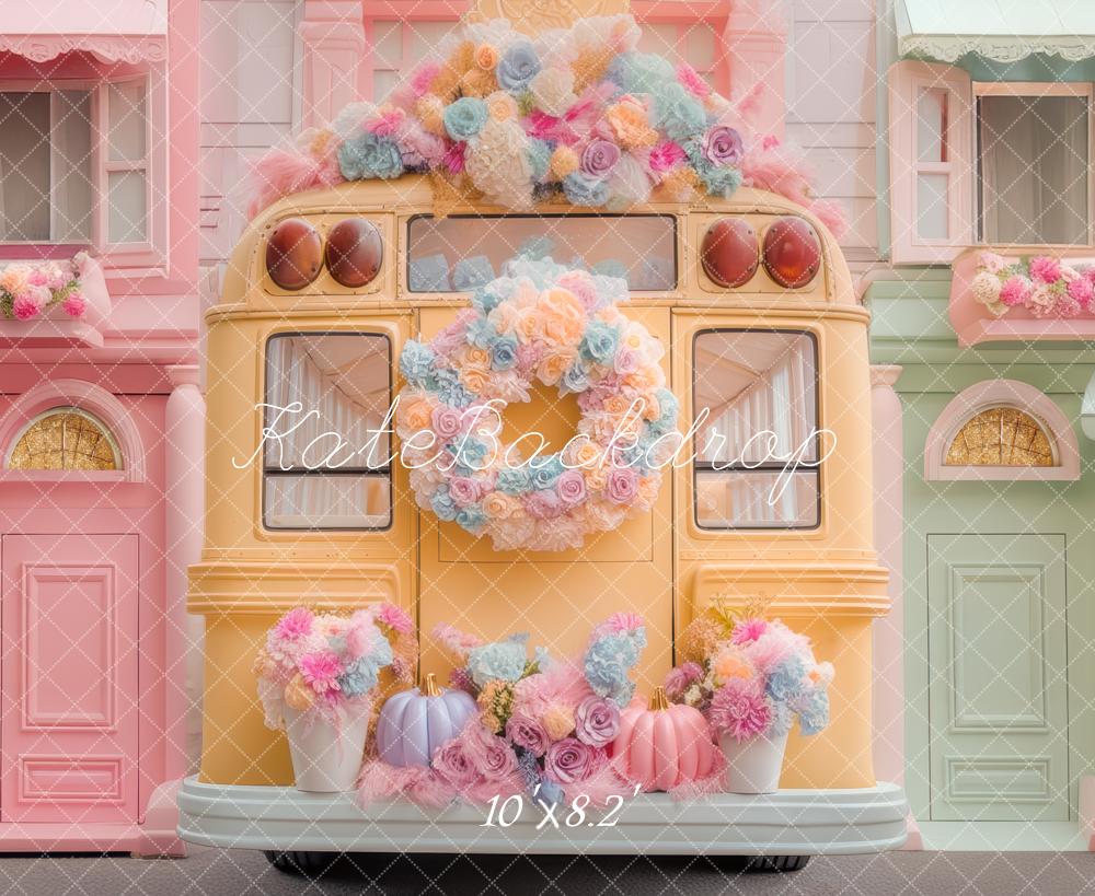 Kate Bus Jaune Fleurs Pastel Toile de fond conçue par Mini MakeBelieve - Kate Backdrop FR