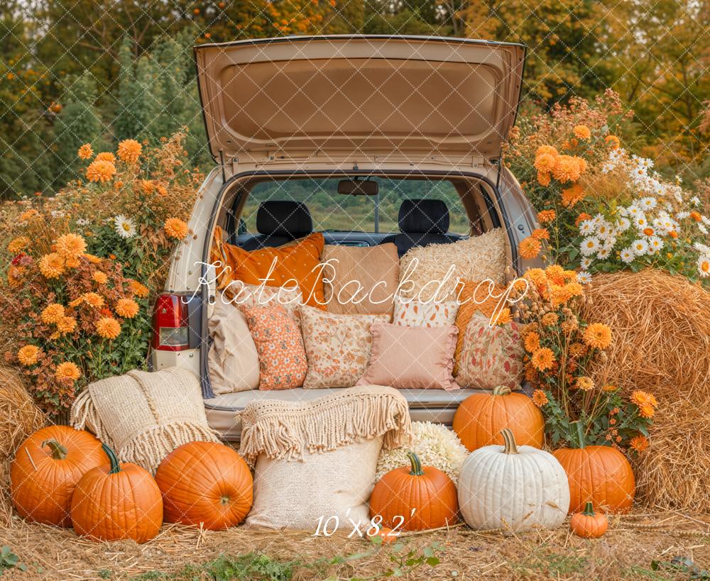 Kate Automne Citrouilles Fleurs Foin Voiture Toile de fond conçue par Emetselch - Kate Backdrop FR