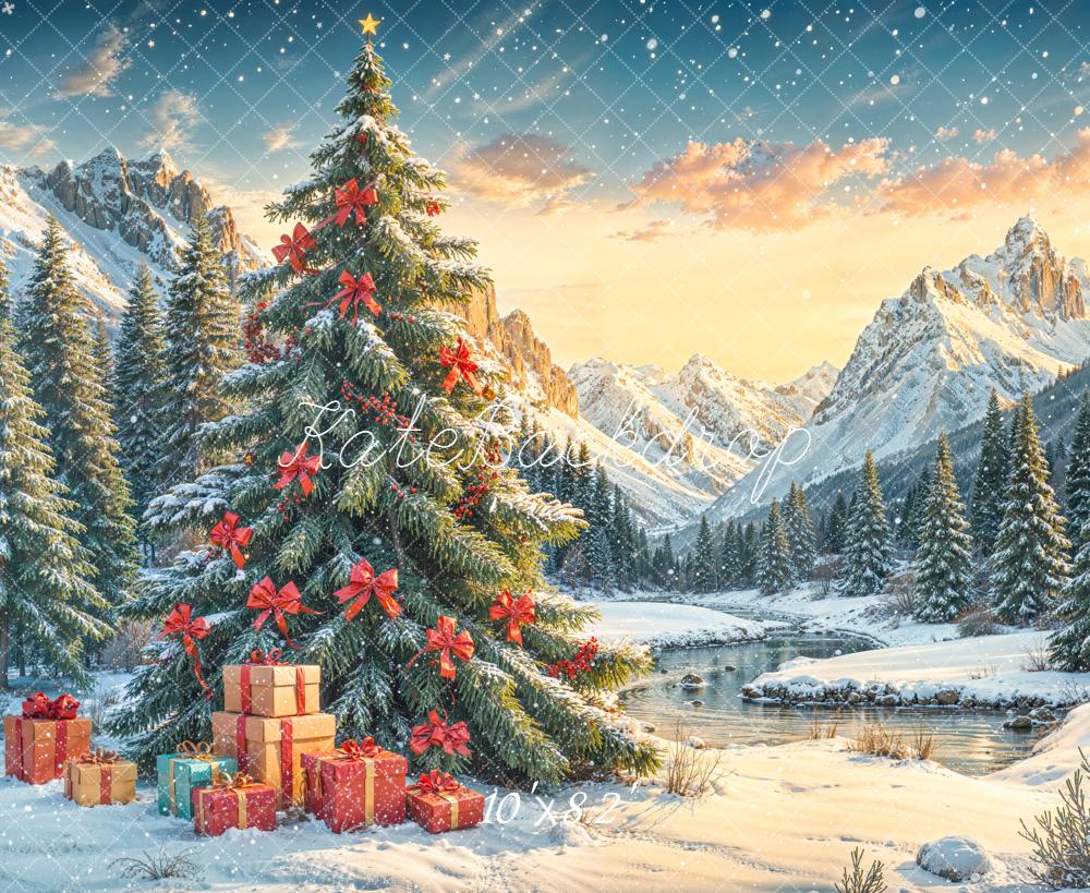 Kate Noël Sapin Cadeaux Neige Montagne Toile de fond conçue par Emetselch - Kate Backdrop FR