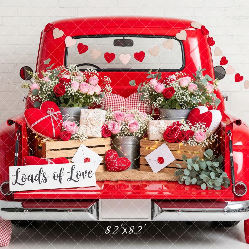 Kate Saint Valentin Camion Rouge Fleurs Lettres Toile de fond conçue par Patty Roberts