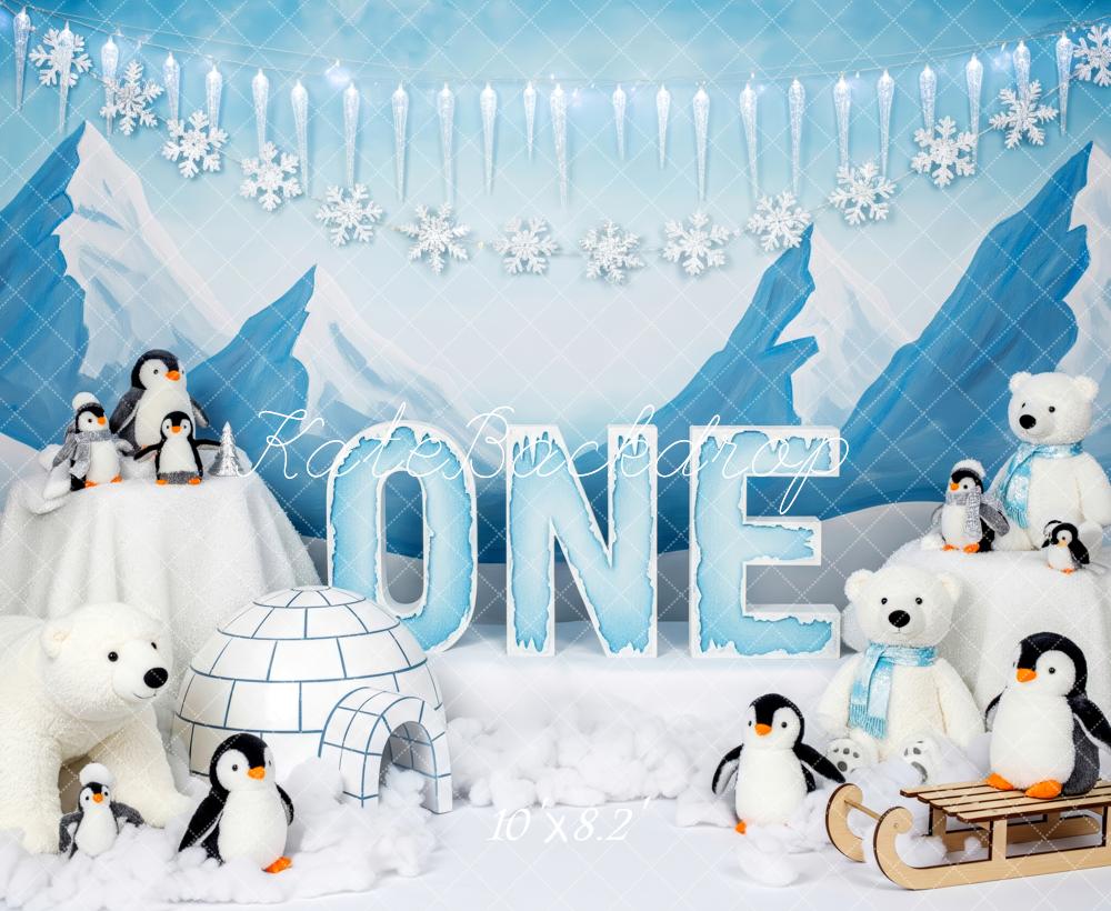 Kate Anniversaire Hiver Pingouins Ours Igloo Toile de fond conçue par Patty Roberts - Kate Backdrop FR
