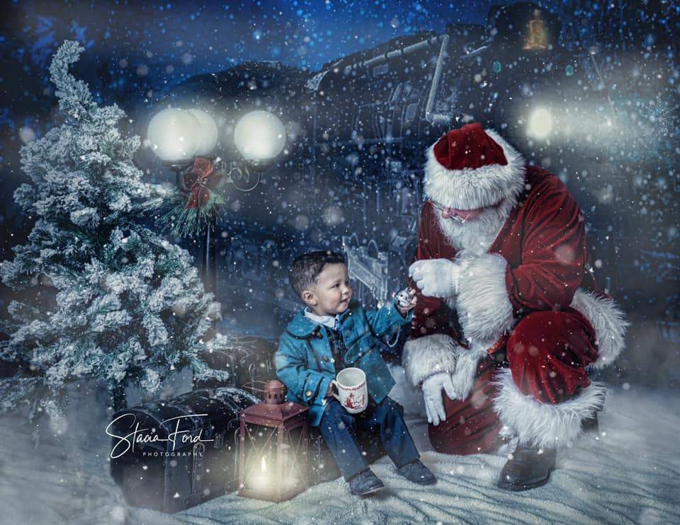 Kate Train Noël Neige Nuit Bleu Toile de fond conçu par Jerry_Sina - Kate Backdrop FR