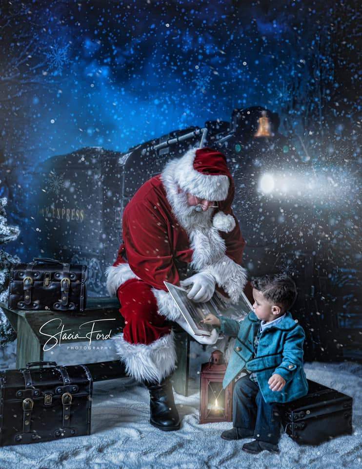 Kate Train Noël Neige Nuit Bleu Toile de fond conçu par Jerry_Sina - Kate Backdrop FR