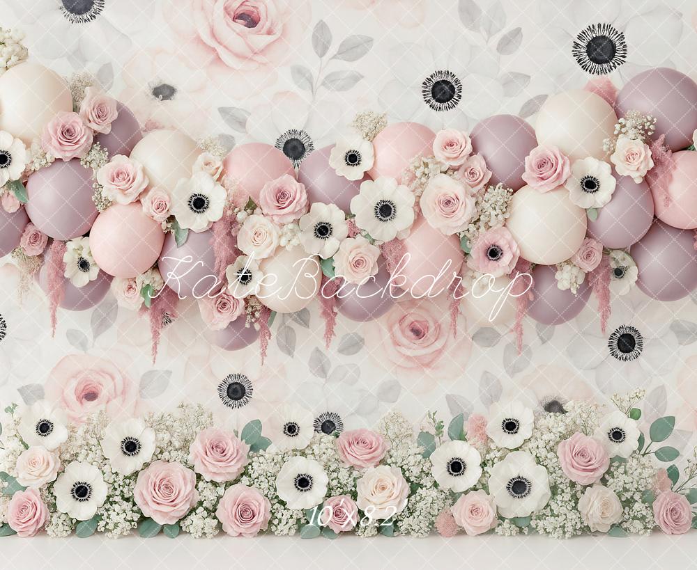Kate Ballons Roses Fleurs Anniversaire Toile de fond conçue par Ashley Paul - Kate Backdrop FR