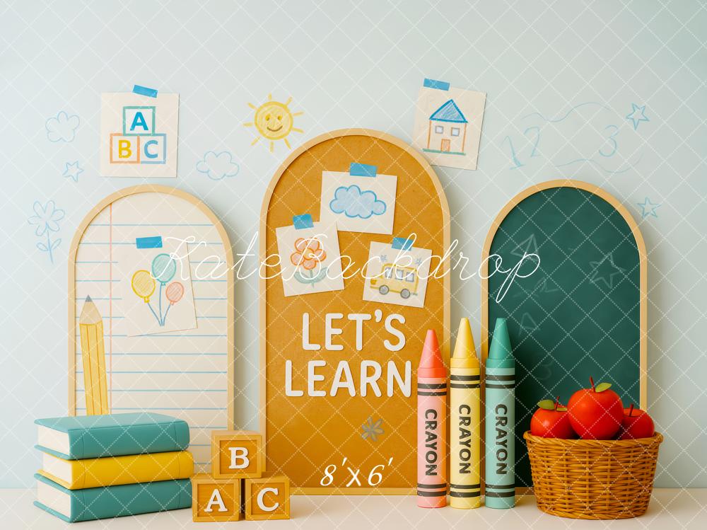 Kate Scolaire Crayons Livres Pommes Toile de fond conçue par Patty Roberts - Kate Backdrop FR