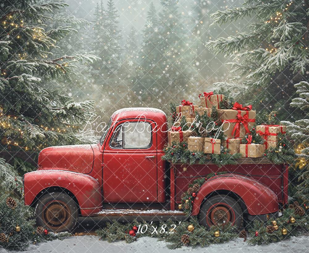 Kate Noël Camion Rouge Cadeaux Sapins Toile de fond conçue par Emetselch - Kate Backdrop FR