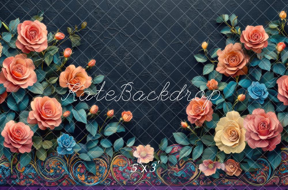 Kate Floral Roses Bleu Portrait Toile de fond conçue par Mini MakeBelieve