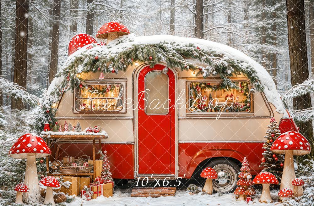 Kate Hiver Forêt Caravane Champignons Toile de fond conçue par Emetselch - Kate Backdrop FR