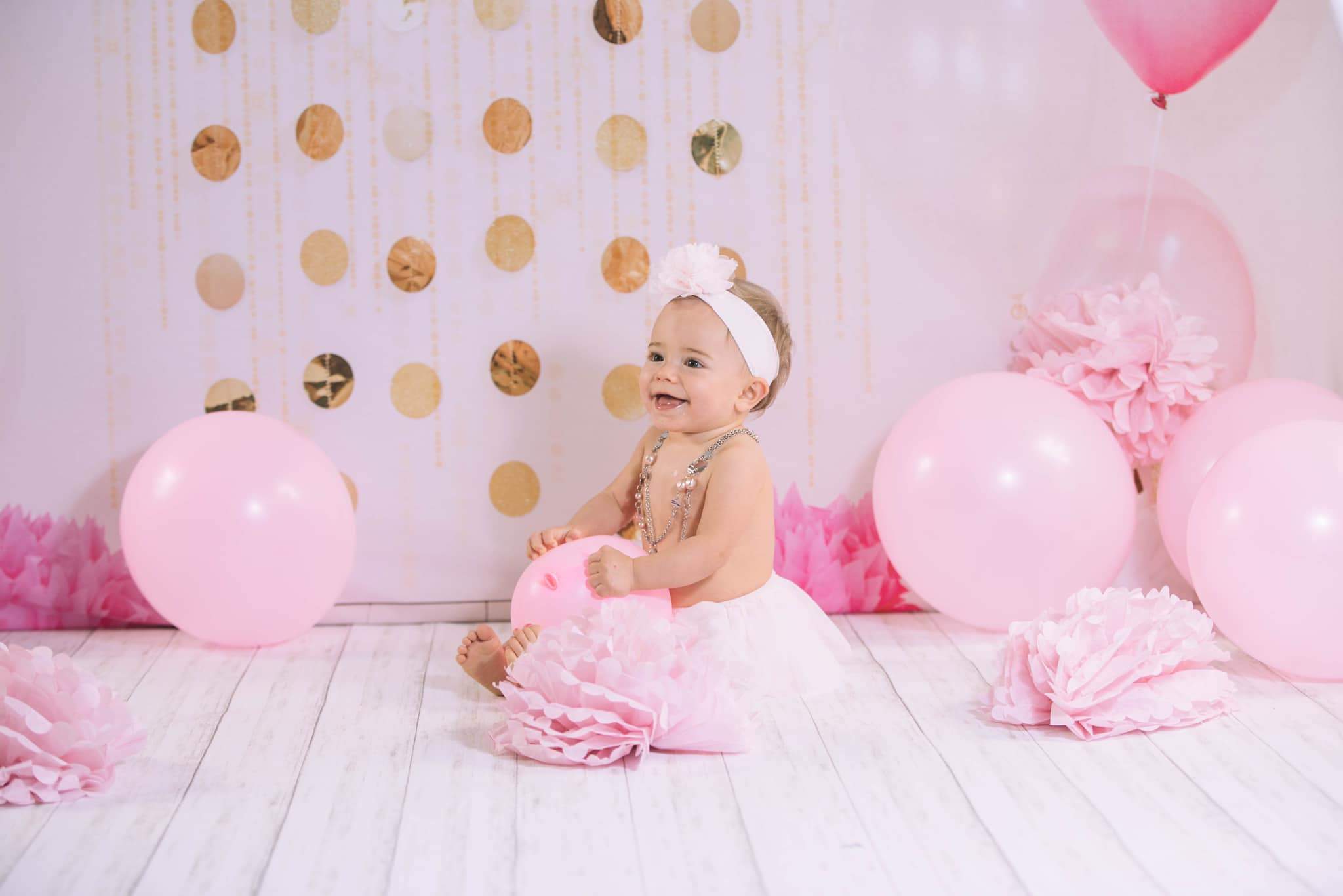 Kate Cake smash Ballons Rose Anniversaire Pois doré Toile de fond conçue par Jessica Evangeline - Kate Backdrop FR