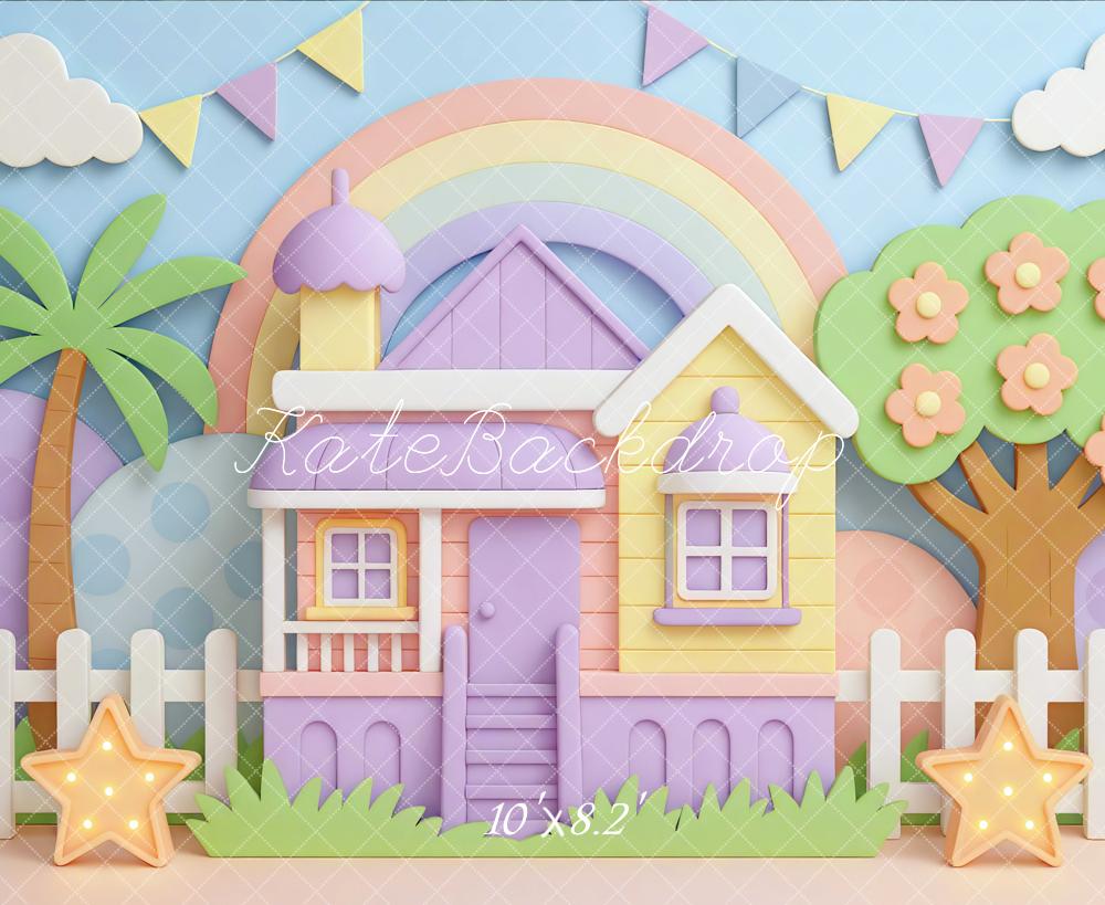 Kate Maison Arc-en-Ciel Étoiles Pastel Toile de fond conçue par Mini MakeBelieve - Kate Backdrop FR