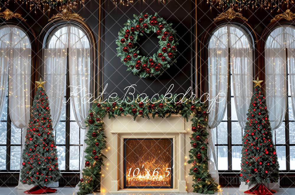 Kate Sapin de Noël Cheminée Fenêtre Lumières Toile de fond conçue par Mini MakeBelieve - Kate Backdrop FR