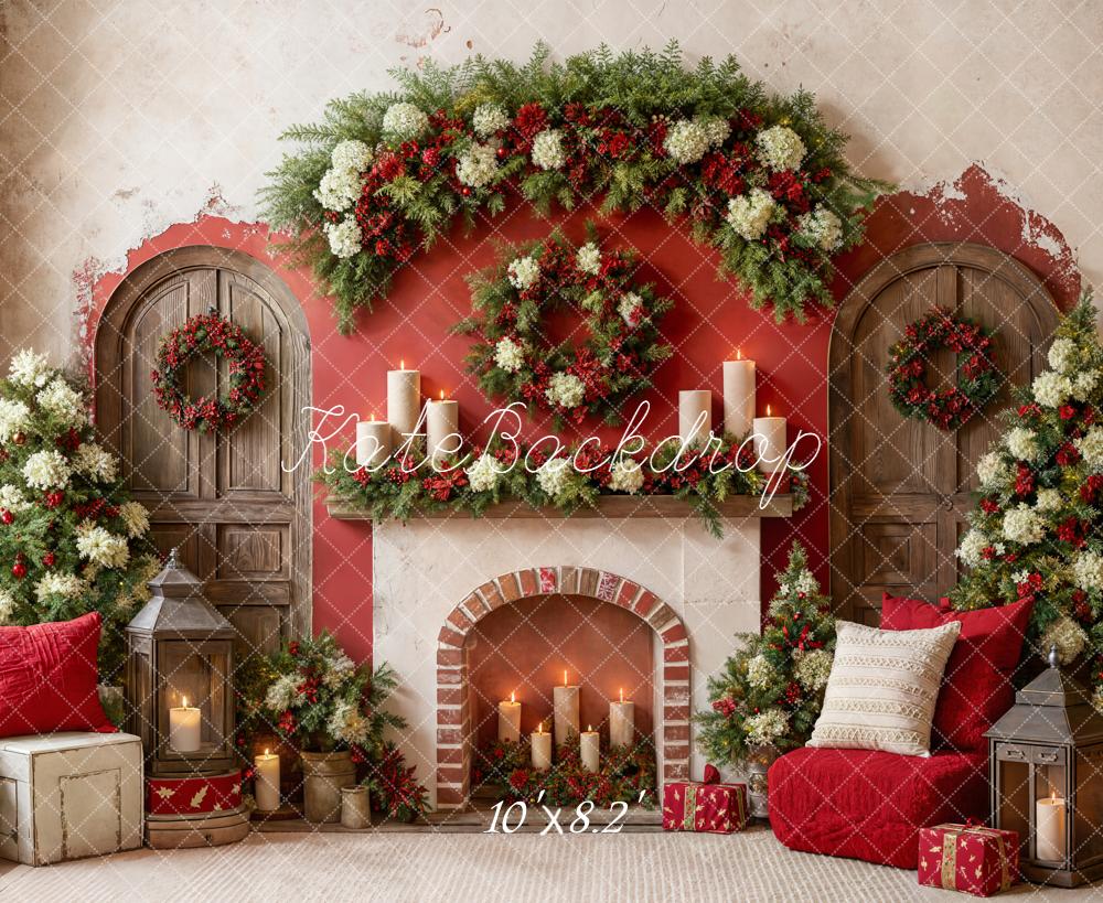 Kate Noël Cheminée Bougies Porte Sapins Toile de fond conçue par Emetselch - Kate Backdrop FR