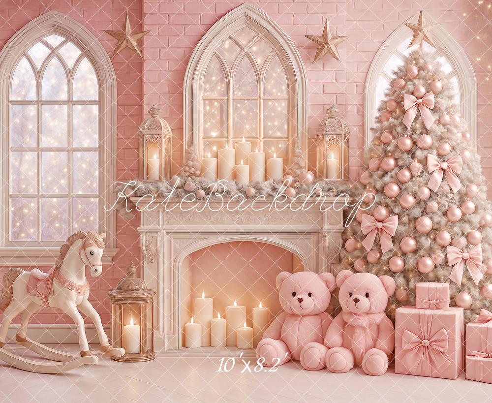 Kate Sapin de Noël Rose Cadeaux Cheminée Toile de fond conçue par Ashley Paul - Kate Backdrop FR