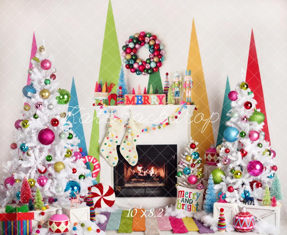 Kate Noël Cheminée Sapins Boules Coloré Toile de fond conçue par Mandy Ringe - Kate Backdrop FR