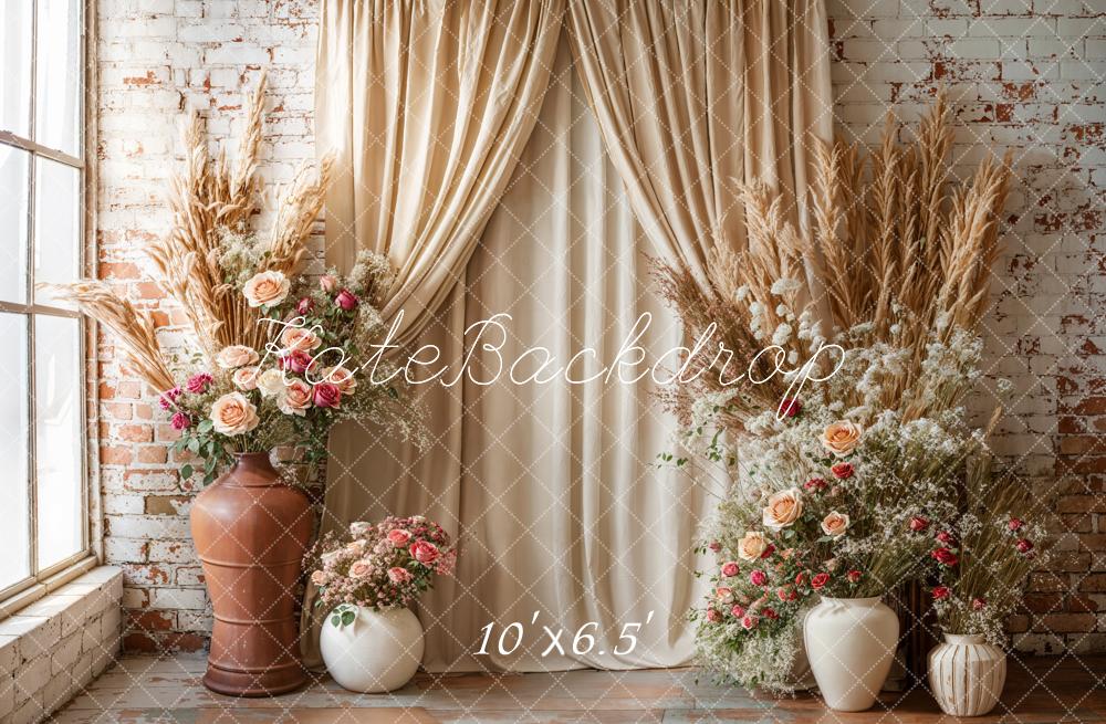 Kate Bohème Beige Rideau Fleurs Brique Toile de fond conçue par Emetselch