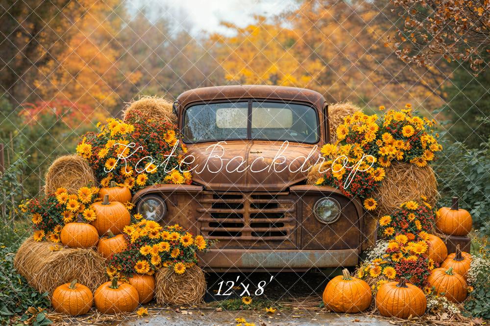 Kate Automne Camion Citrouilles Foin Toile de fond en Laine conçue par Emetselch - Kate Backdrop FR