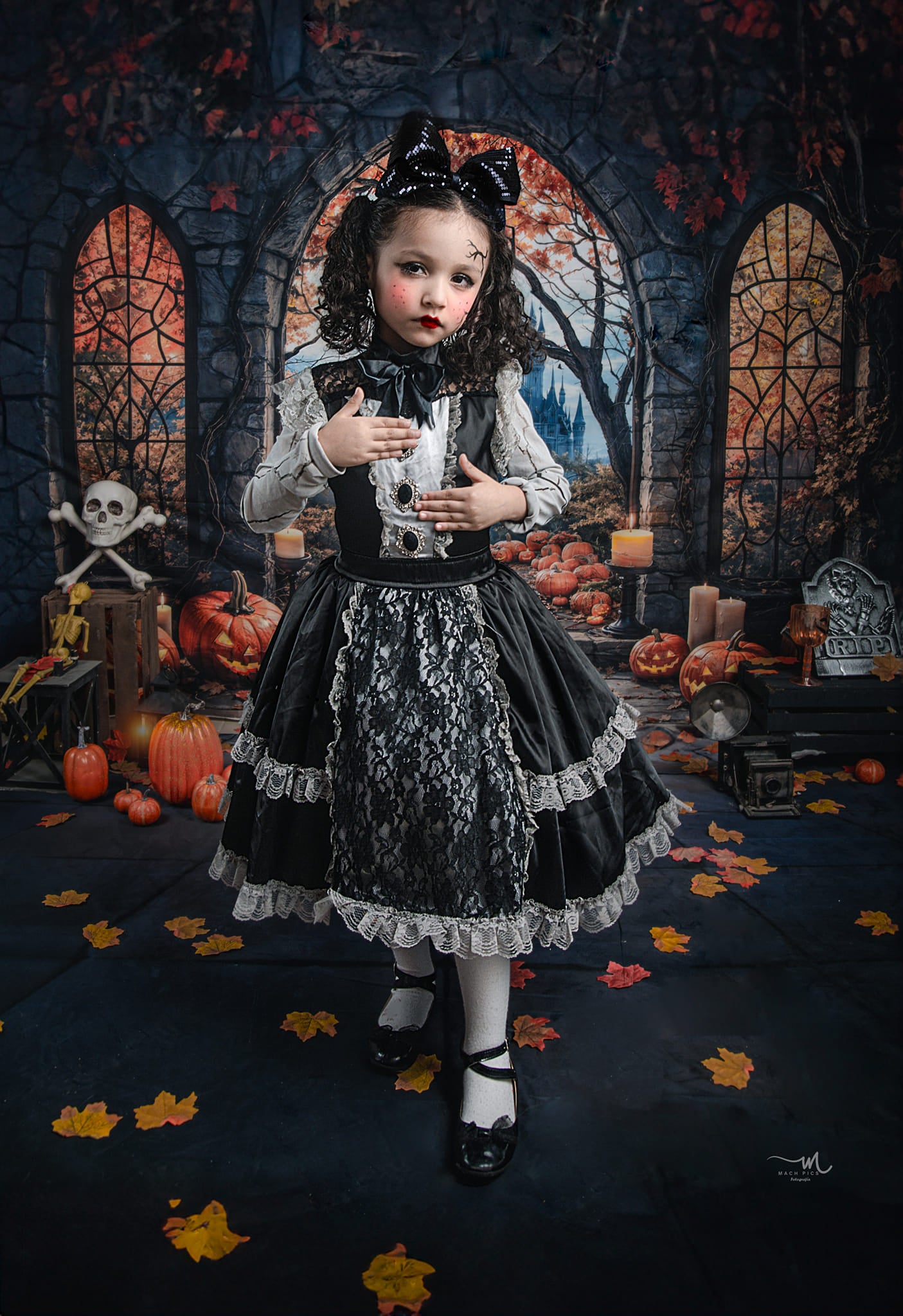 Kate Halloween Arche Érable Château Citrouille Toile de fond+Plancher en pierre Sol Toile de fond - Kate Backdrop FR