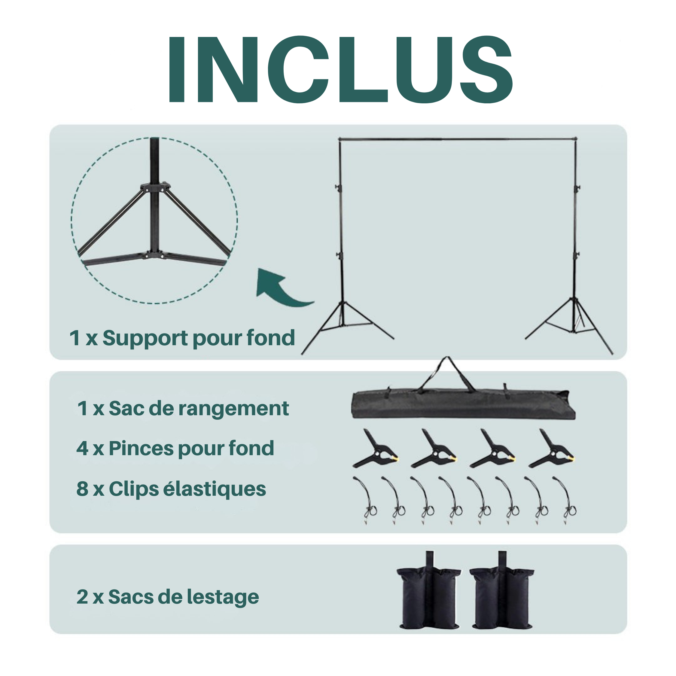 Kate 300x260mm(LxH) Kit de Support de Fond Robuste Réglable Photographie avec 8 Pinces & 2 Sacs de Sable